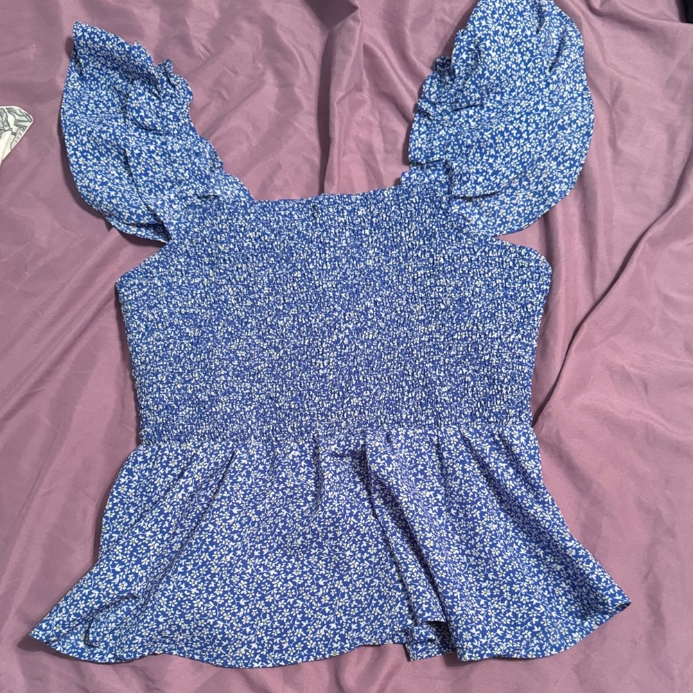 Entro Blue Floral Smocked Blouse